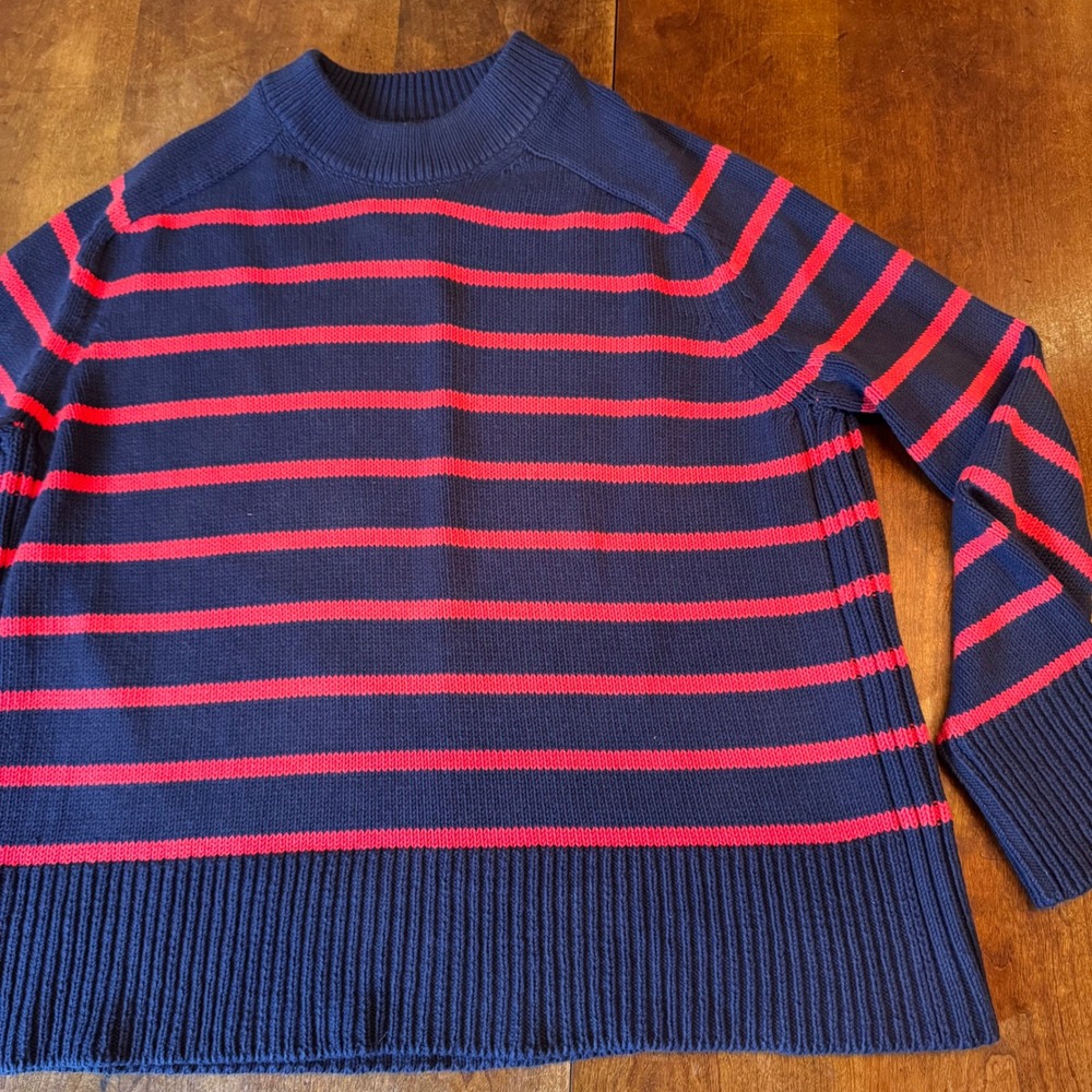 Tuckernuck Sweater Womens S Navy Red Striped Mock Neck Ribbed Cotton Relaxed